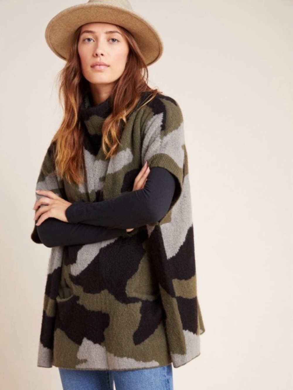 NWT Anthropologie MOTH Henrietta Camo Knit Poncho Olive Green Large